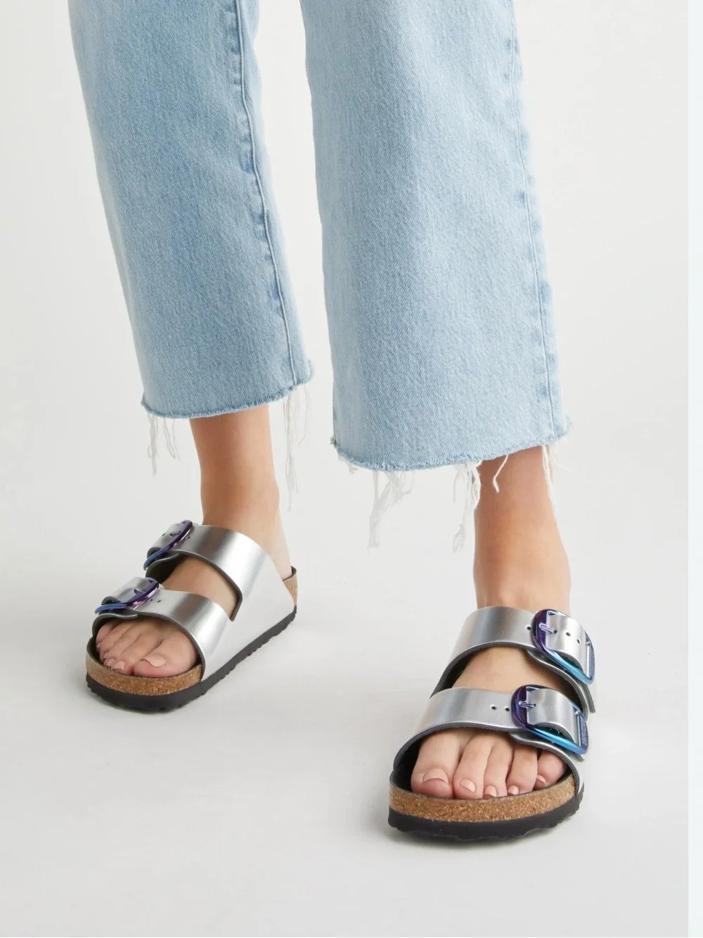 Birkenstock Arizona Big Buckle Slide Sandals Silver Metallic Leather Women's 37